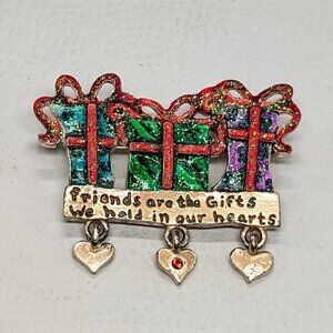 Vintage AJMC Friends Are The Gifts Pin Brooch W/ Heart Charms Goldtone Multicolo